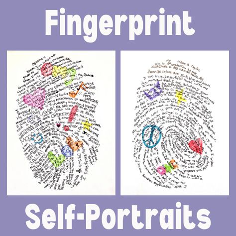 Leadership Art Projects, Fingerprint Self Portrait, Art Ideas For Year 5 And 6, Arts And Craft Activities For Middle School, Middle School About Me Art, Begining Of The Year Art Project, Self Esteem Lessons For Middle School, Middle School Arts And Crafts Projects, Sketchbook Prompts For Middle School