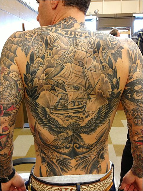 Full Back Tattoos Traditional, Nautical Back Tattoo Men, Sailor Back Tattoo, Back Tattoo Men Traditional, Nautical Back Tattoo, Ship Back Tattoo, Backpiece Tattoo Men, Old School Back Tattoo, American Traditional Back Piece