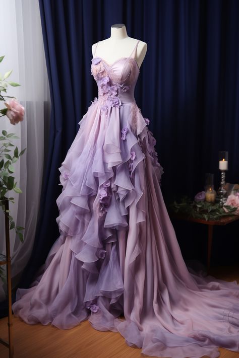 Lavender flower inspired gown Purple Flowery Dress, Tangled Inspired Prom Dress, Tangled Inspired Dress, Rapunzel Dress Inspired, Rapunzel Moodboard, Dress For 18th Birthday, Rapunzel Prom Dress, Beautiful Gowns Princesses, Rapunzel Gown