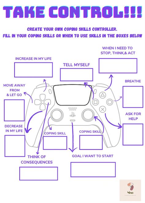 Visual to help students identify and remember their coping skills. Can be used as follow-up activity for circles of control lesson. Video Game Activities For Kids, Counseling Interventions, Kids Therapy, Counseling Games, Counselling Tools, Coping Skills Activities, Counseling Worksheets, Therapy Activity, Mental Health Activities