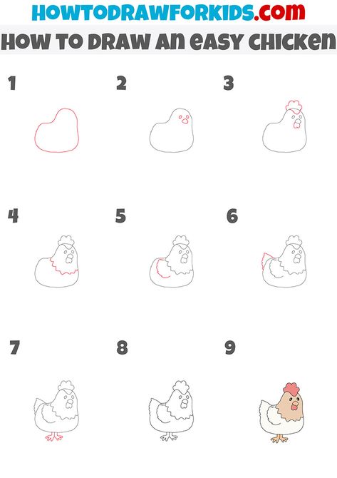 how to draw an easy chicken step by step Step By Step Farm Animal Drawing, How To Draw Chickens Step By Step, How To Draw Farm Animals Step By Step, How To Draw A Chicken Step By Step, How To Draw A Chicken, Chicken Drawing Easy, Insect Doodles, Drawing With Letters, Draw A Chicken