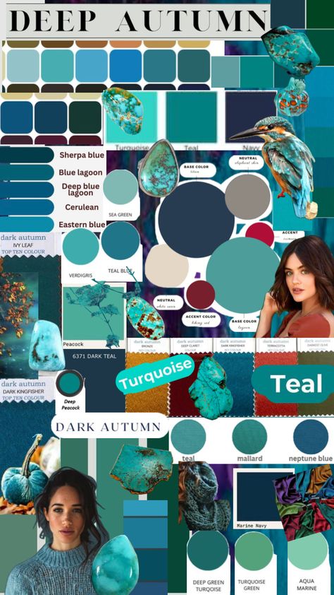 #deepautumn #darkautumn #teals #turquoise #aquas #bluegreen House Of Color Blue Autumn, Deep Autumn Fashion, Blue Autumn Color Palette, Dark Teal Outfit, Complementary Colors Fashion, Autumn Pallet, Turquoise Outfit, Teal Outfit, Deep Autumn Palette