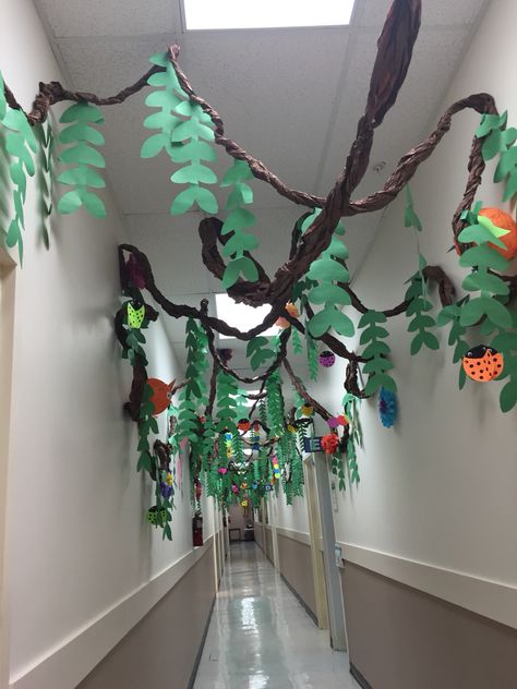 Jungle Theme School Decorations, Jungle Hallway, Jungle Theme Hallway, Rainforest Decorations, Jungle Theme School Hallways, Rainforest Hallway Decorations, Jungle Bible School Theme, Jungle Theme Vacation Bible School, Decorate Hallway