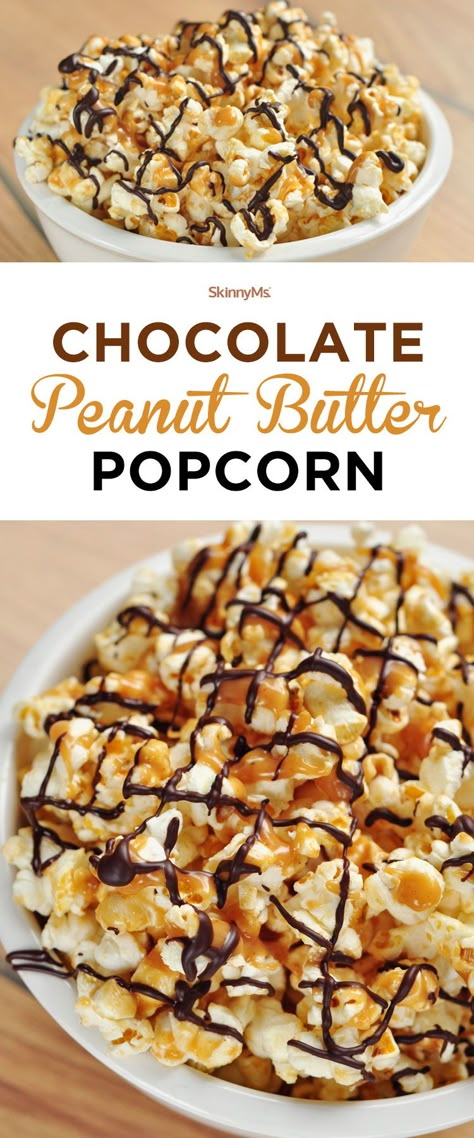 This Chocolate Peanut Butter Popcorn is insanely good! Your guests will love it! #holidays #snacks #skinnyms Dark Chocolate Popcorn, Holidays Snacks, Chocolate Popcorn Recipe, Chocolate Peanut Butter Popcorn, Peanut Butter Popcorn, Chocolate Peanut Butter Brownies, Chocolate Peanut Butter Smoothie, Sweet Popcorn, Chocolate Peanut Butter Pie