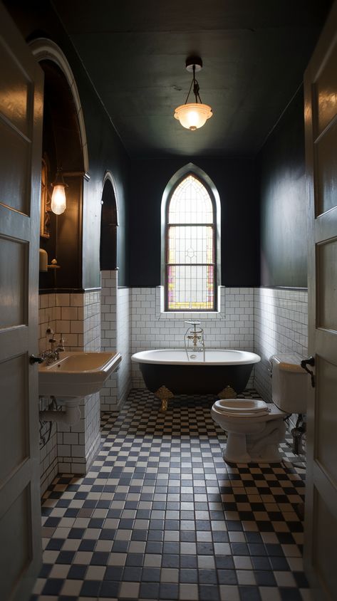 Embrace the charm of Gothic decor with Boho-Goth Bathroom Ideas. Witchy bathroom inspiration and boho maximalist vibes create a stunning look. Whimsi Goth Bathroom, Goth Bathroom Ideas, Goth House Interior, Witchy Bathroom, Goth Bathroom, Gothic Bathroom, Goth Houses, Moody Decor, Dark Bathrooms