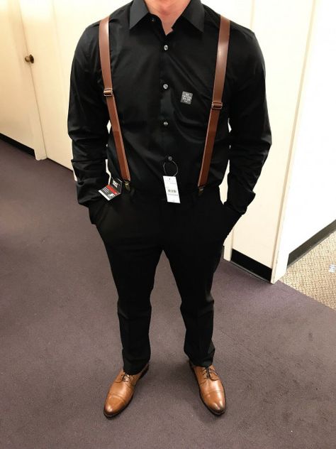 Brown Suspenders Wedding, Groomsmen Attire Suspenders, Brides Men, Suit With Brown Shoes, Suit All Black, Groomsmen Attire Black, All Black Wedding, Suit With Suspenders, Elope Ideas