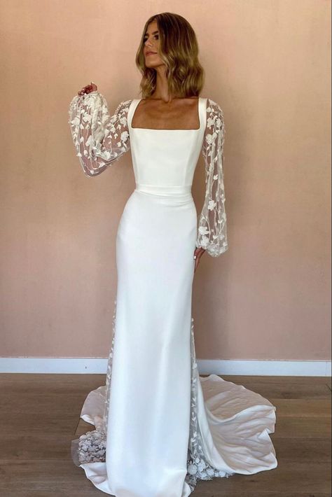 Wedding Dress With Clear Sleeves, Long Sleeve Wedding Dresses Simple, Square Bodice Wedding Dress, Summer Long Sleeve Wedding Dress, Square Neck Long Sleeved Wedding Dress, A Line Dress With Sleeves Wedding, Plain Wedding Dress With Sheer Sleeves, Long Sleeve Wedding Dress Hair Down, Open Back Sleeve Wedding Dress