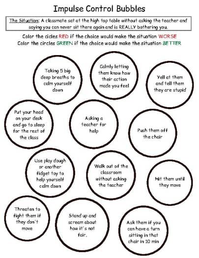 Impulse Control Bubbles Worksheet by School Psychologist Materials Impulse Control Therapy Activities, Impulsivity Activities For Kids, Locus Of Control Worksheets, Impulse Control Activities For Teens, Self Control Worksheet, Self Control Activities For Kids, Impulse Control Activities For Kids, Impulse Control Worksheets, Social Work Worksheets