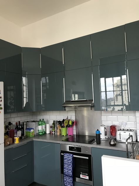 Double height turquoise grey kitchen #ikea #kallarp #turquoisegreykitchen #ikeakitchen #kitchen #smallspacekitchen #doubleheightkitchen Kitchen Dado, Ikea Kitchen Installation, Kitchen Ikea, Turquoise Kitchen, Ikea Kitchen Design, Kitchen Improvements, Interior Design Minimalist, Cabin Kitchen, Condo Ideas