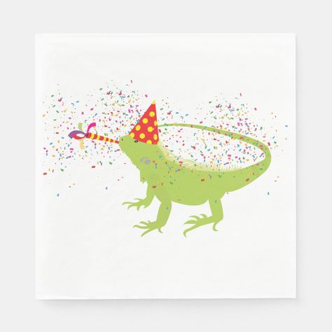 Lizard Party, Horned Lizard, Party Horns, Green Iguana, Animal Illustrations, Holiday Postcard, Holiday Postcards, Kids Room Art, Party Napkins