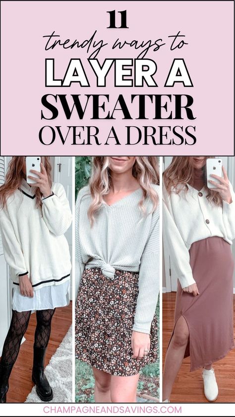 Wondering how to style women's sweaters over a dress? I am sharing the best women's style hacks for wearing a sweater over a dress outfit! There are so many different layering techniques to rock this trendy and cozy look, and I am sharing them all! Style Dress With Sweater, Wear A Sweater Over A Dress, Sweater And Dress Outfit Layering, Dress And Sweater Outfit Layering, Sweater Over A Dress Outfit, Layered Dress Outfit Winter, How To Wear A Sweater Over A Dress, Sweater With Dress Outfit, Sweater Over Dress Outfit Winter