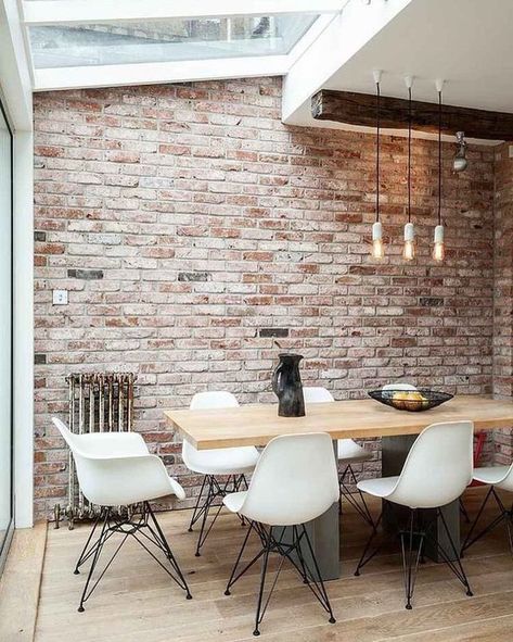 Brick Wallpaper Dining Room, Wallpaper Dining Room Ideas, Brick Wall Dining Room, Wallpaper Dining Room, Wallpaper Dining, Brick Wall Ideas, Interior Brick, Brick Interior Wall, Dining Room Industrial