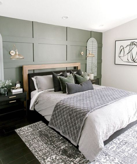 40 Earthy Bedroom Ideas You'll Love Waking Up To Panelling Ideas, Green Accent Wall, Olive Green Bedrooms, Pearl House, Green Accent Walls, Earthy Bedroom, Sage Green Bedroom, Bedroom Accent, Accent Wall Bedroom