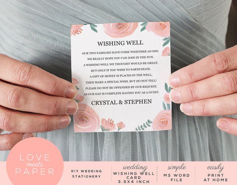 A Beautiful Floral Wedding Wishing Well Card. Easy to edit yourself with Word and print at home. Matching templates available, by LoveMeetsPaper Wedding Invitation Money Request, Wedding Invite Asking For Money, Honeymoon Fund Wording On Bridal Shower Invite, Engagement Party Wishing Well, Wishing Well Invitation Wording, Money Poem, Wishing Well Wedding, Bridal Shower Invitation Wording, Honeymoon Fund