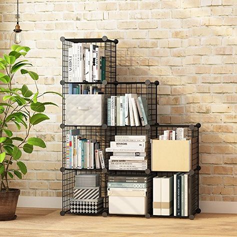 KOUSI Wire Grids Storage Cubes Bookcase Organizer Shelf Cabinet DIY Modular Shelving Units, 9T Grids Black Grid Cube Storage Ideas, Wire Cube Shelving Ideas, Wire Cube Storage Ideas, Wire Grid Cube Storage Ideas, Cube Storage Ideas, Metal Grid Storage Cubes, Bookcase Diy, Metal Shelving Units, Bookcase Organization