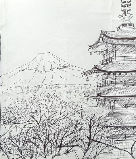 Mount Fuji Drawing Japanese Art, Japanese Landscape Sketch, Japanese Tower Drawing, Japanese Nature Drawing, Japan Pencil Drawing, Japan Drawing Ideas, Japan Architecture Drawing, Drawing Ideas Japanese, Japan Sketch Drawings