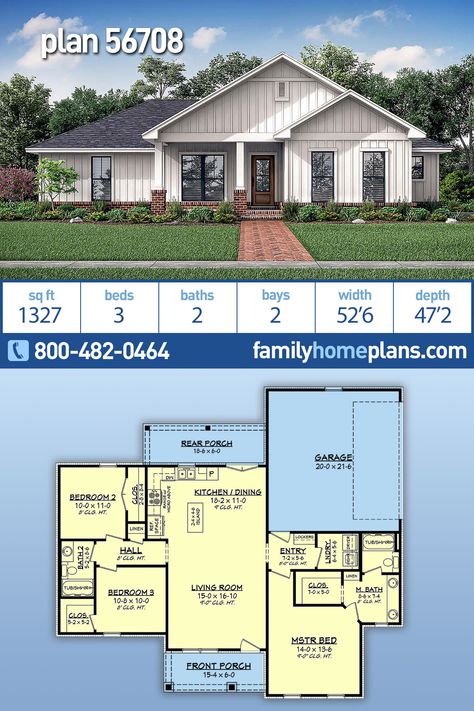 Country, Craftsman, Farmhouse, Traditional Style House Plan 56708 with 1327 Sq Ft, 3 Bed, 2 Bath, 2 Car Garage 3 Bedroom 2 Bath House Plans Open Floor Farmhouse Style, House Plans One Story 1500 Sq Ft, 3 Beds 2 Bath House Plans, 1500 Sq Feet House Plans, 3 Bedroom Small House Plans Open Floor, Floor Plans 1500 Sq Ft, Ranch House With Garage On Side, 3 Bd 2 Bath House Plans, House Plans For 1500 Sq Ft