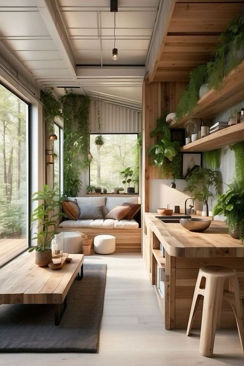 50 Stunning Tiny Houses With Great Loft Spaces – Decomagz Skandinavian Houses Decoration, Inside Shipping Container Homes, Container Home Interior Design, Container House Inside, Skandinavian Houses Design, Container House Interior Design, Bohemian Kitchen Decor, Container Van House, Boho Chic Kitchen