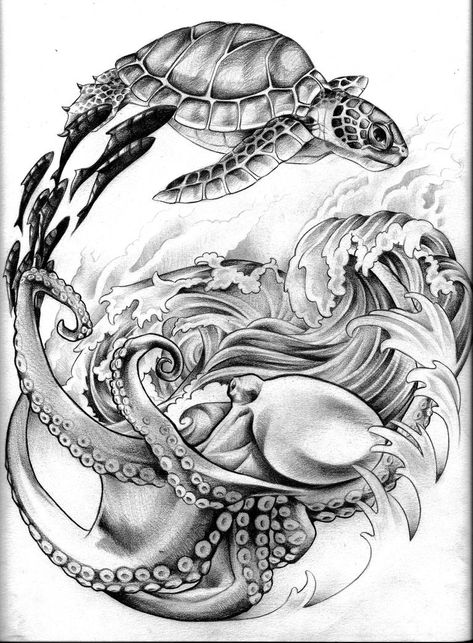 Tattoo Ideas Black And White, Sea Tattoo Sleeve, Ocean Tattoo Ideas, Tattoos Black And White, Tattoo Ideas Black, Ocean Theme Tattoos, Sea Life Tattoos, Ocean Sleeve Tattoos, Octopus Tattoo Sleeve