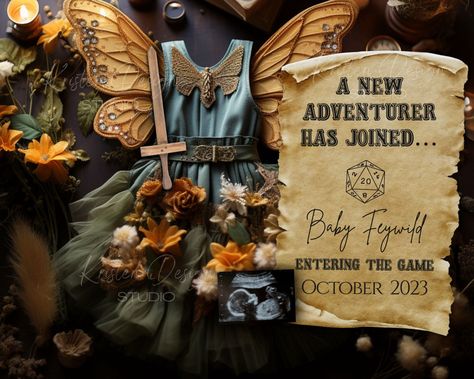 Dungeons and Dragons Feywild Pregnancy Announcement | DND Fairy Digital Birth Announcement Social Media | Magical Fantasy Witchy Baby Girl Fairy Themed Gender Reveal, Witchy Baby Announcement, Dnd Pregnancy Announcement, Bookish Baby Announcement, Dnd Baby Announcement, Book Baby Announcement, Lord Of The Rings Pregnancy Announcement, Witchy Pregnancy, Social Media Gender Reveal