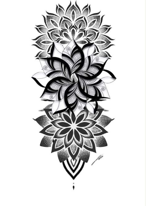 Detailed Mandala Tattoo, Mandala Flower Tattoos Back, Flower And Geometric Tattoo, Big Feminine Tattoos, Foliage Mandala Tattoo, Mandala Butterfly Tattoo Sleeve, Black And White Tattoos For Women, Flower Mandala Shoulder Tattoo, Mandala And Flower Tattoo Sleeve