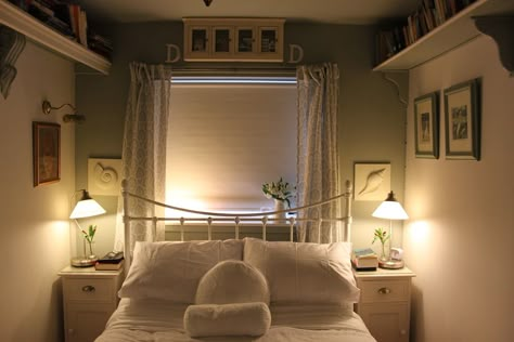 The very small double bedroom in this 50 square metre seaside cottage on the North Sea coast.  Farrow and Ball light blue on window wall and bedstead from John Lewis. Box Room With Double Bed Ideas, Double Bed In Small Bedroom, Double Window Bedroom Ideas, Small Double Bedroom Designs, Small Double Room Ideas, Box Room Double Bed, Box Room Double Bed Ideas, John Lewis Bedroom, Small Bedroom With Double Bed Ideas