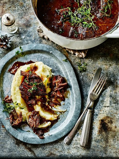 Beef cheeks in red wine | Jamie magazine recipes Beef Cheeks Recipe, Slow Cooked Beef Cheeks, Braised Duck, Polenta Recipes, Grits Recipe, Beef Cheeks, Jamie Oliver Recipes, Louisiana Recipes, Slow Cooked Beef