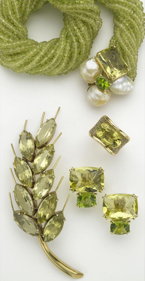 Sorab & Roshi faceted chrysoberyl bead necklace with a bubble clasp of South Sea pearls, lemon citrine and peridot; Jubilee ring with lemon citrine and pavé champagne diamonds; rectangular cushion earrings with lemon citrine and peridot; Wheat pin with faceted marquise lemon citrines. Willow Herb, Cushion Earrings, Motifs Perler, Peridot Jewelry, Designer Watches, Luxury Jewellery, Higher Design, Champagne Diamond, Honeydew