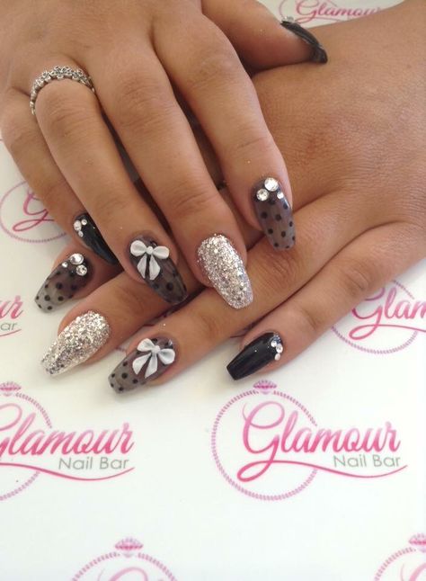 Prom Nail Ideas, Bow Tie Nails, Nails For Work, Ribbon Bow Tie, Black Nails With Glitter, Black Coffin Nails, Glitter Accent Nails, Prom Nail, Snow Ball