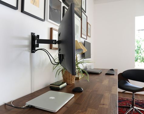 Tips to hide electronic cords in an office. Wall Mounted Office Desk, Office With Monitor On Wall, Home Office Monitor On Wall, Desk Mounted To Wall, Wall Mounted Tv Monitor, Mounted Monitor Desk, Tv As Computer Monitor, Office Two Monitors, Cord Management Desk