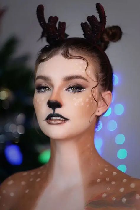 45+ Horrifying Halloween Makeup Ideas for Women - HubPages Reindeer Halloween Makeup, Animal Costume Makeup, Christmas Deer Makeup, Rain Deer Makeup, Reindeer Hairstyle, Doe Makeup Halloween, Fox Halloween Makeup, Fox Makeup Halloween, Deer Makeup Halloween