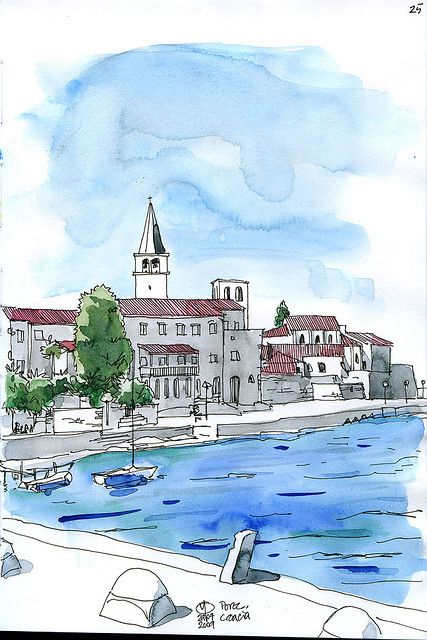 Porec, Croatia (looking towards west) Croatia Drawing, Porec Croatia, Architecture Drawing Sketchbooks, Urban Sketches, Drawing Tutorial Face, Urban Sketch, Watercolor Pictures, Travel Sketches, Sea Painting