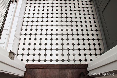 Small Black and White Master Bathroom Reveal! - Southern Hospitality Black White Mosaic Tile Bathroom, Black And White Honeycomb Tile Bathroom, Black And White Traditional Bathroom, Black And White Hex Tile Bathroom, Black And White Tile Showers, Black And White Mosaic Tile Bathroom, Tiny Master Bath, Small Black And White Bathroom, Honeycomb Tiles Bathroom