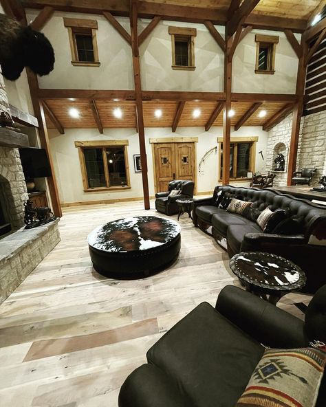 Western Interior Design Rustic, Western House Ideas, Chickasha Oklahoma, Black Leather Ottoman, Farmhouse Build, Barn House Interior, Country Bedroom Decor, Cowhide Ottoman, Western Bedroom Decor