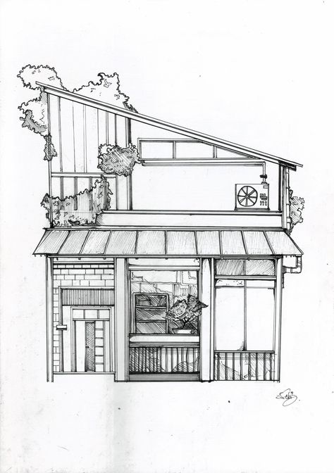 Architecture Drawing Art Buildings, Small House Drawing, Japanese House Drawing, Japanese Architecture Drawings, Building Portrait, Art Buildings, Interior Design Sketchbook, Oil Pastel Drawings Easy, Whimsical Art Journal