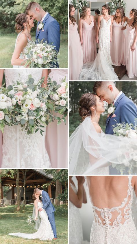 Indiana Wedding | blush pink and Dusty Blue Wedding| This Summer Fort Wayne wedding in Indiana by Courtney Rudicel Photography features pale blush pink bridesmaids dresses by Azazie, dusty blue suits, an open-back bridal gown by Mori Lee, a a sparkler exit! #pinkbridesmaids #courtneyrudicel #indianawedding Slate Blue And Mauve Wedding, Slate Blue And Pink Wedding, Dusty Blue Mauve And Blush Wedding, Powder Blue And Blush Pink Wedding, Dusty Pink And Blue Wedding Theme, Dusky Blue And Pink Wedding, Dusty Blue And Blush Bridesmaid Dresses, Dusty Blue And Pale Pink Wedding, Slate Blue And Blush Wedding