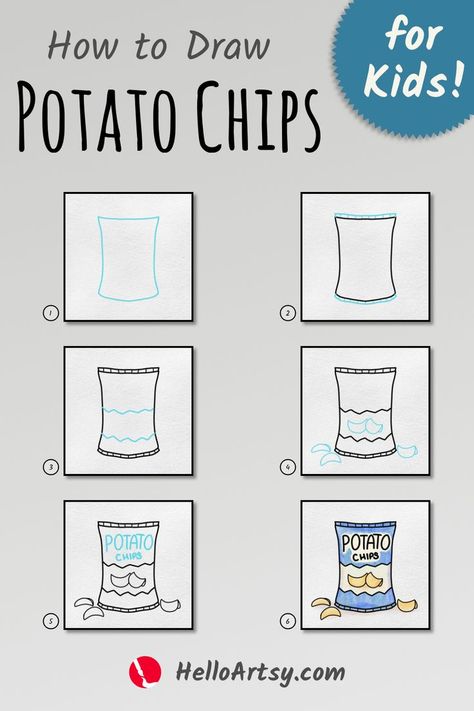 Draw easy potato chips for children! Ideal for kids who want to learn how to draw! Follow along with each illustration to learn how to draw potato chips. Want to see the full drawing tutorial with a downloadable PDF? It's completely FREE. CLICK THE PIN to ACCESS!!! Chips Drawing Easy, Chips Doodle, Chip Drawing, Chips Drawing, Easy Hand Drawings, Draw Food, Full Drawing, Paper Squishy, Drawing Food