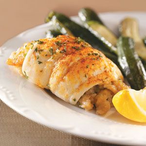 Flounder with Shrimp Stuffing for 2 Recipe -For a perfect date night meal, try this delicious stuffed flounder. You don't have to go to a fancy restaurant when you can make a recipe that is sure to impress your date!—Marie T Forte, Raritan, New Jersey Shrimp Stuffing, Stuffed Flounder, Flounder Recipes, Stuffing Recipes, Baked Fish, Seafood Dinner, Fish Dishes, Seafood Dishes, Shrimp Recipes