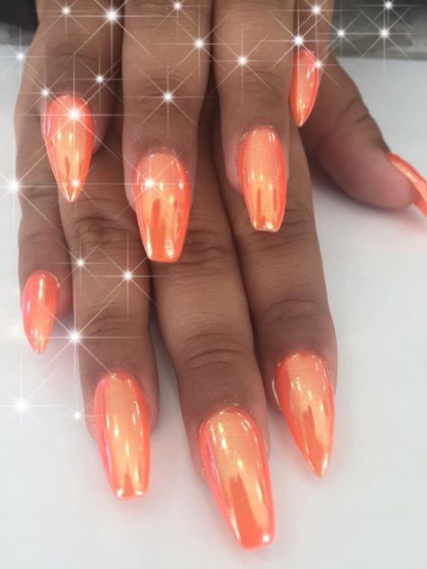 Peach With Chrome Nails, Orange Nails With Sparkles, Neon Orange Nails With Chrome, Pearly Orange Nails, Orange Neutral Nails, Orang Chrome Nails, Bright Color Chrome Nails, Orange Irridescent Nails, Orange Chrome Ombre Nails