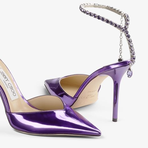 Jimmy Choo Saeda 100, Jimmy Choo Saeda, Purple Pumps, Trendy Sandals, Liquid Metal, Shoes Luxury, Crystal Chain, Boot Pumps, Jimmy Choo Shoes