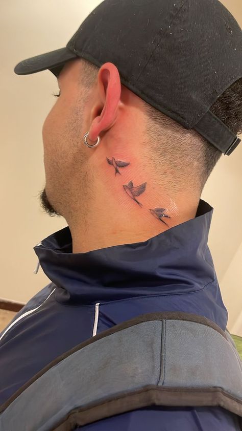 Doves Behind Ear Tattoo, Behind Ear Men Tattoo, Bird Neck Tattoo Men, Mens Small Neck Tattoos, Dove Behind Ear Tattoo, Dove Tattoo Neck, 3 Doves Tattoo, Dove Neck Tattoo Men, Birds Neck Tattoo