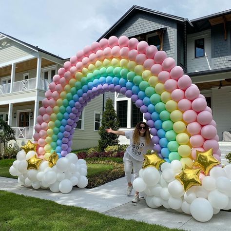 Pride Rainbow Balloon Arch, Rainbow First Birthday Decorations, Forest Theme Balloon Garland, Rainbow Balloon Arch Backdrop, Small Rainbow Balloon Arch, Care Bear Balloon Garland, Rainbow Balloon Arch With Clouds, Rainbow Birthday Balloons, Cute Balloon Arch