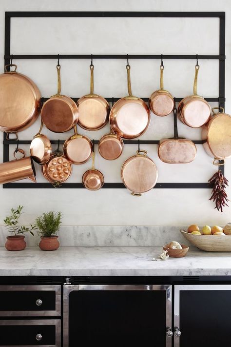 small kitchen ideas - multipurpose pot rack Pot Rack On Wall, Kitchen Pot Hanging Ideas, Clearing Out Clutter, Scandinavian Kitchen Design, Pot Rack Hanging, Small Kitchen Storage, Small Kitchen Island, Copper Decor, Kitchen Hacks Organization