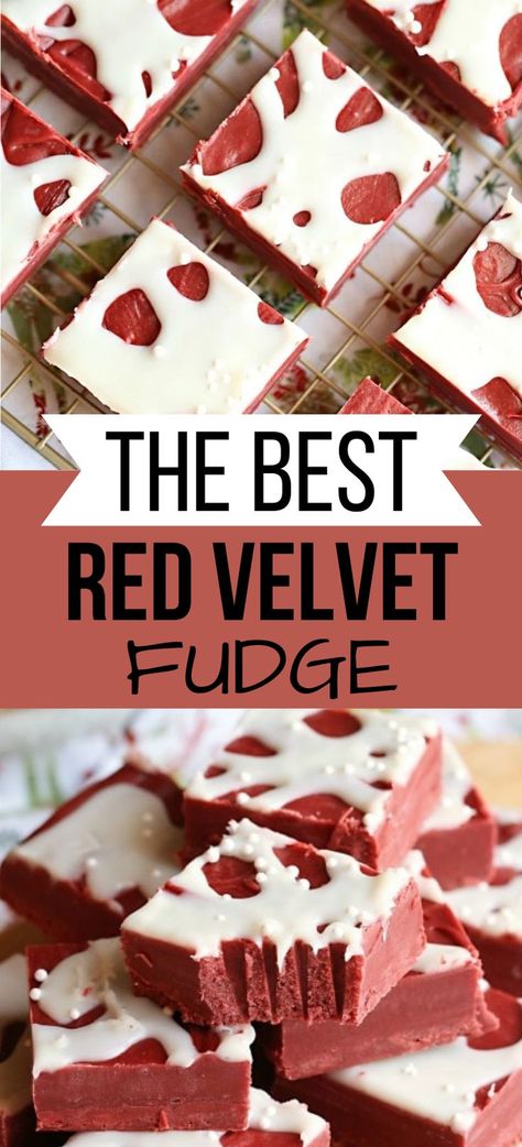 Collage of red velvet fudge squares at top and bottom. Pudding Fudge Recipes, Giftable Christmas Treats, Vintage Fudge Recipe, Recipes For Fudge, Brown Sugar Fudge Recipes, Amaretto Fudge Recipe, Velveeta Fudge Recipe, Xmas Fudge, Best Christmas Fudge