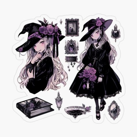 Witch Moodboard, Dnd Outfits, White Long Hair, Witch Anime, Black Manga, Magic Stickers, Manga Sketch, Purple Witch, Witch Queen