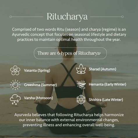 Ritucharya is a time-honored approach to health that aligns your lifestyle and diet with the changing seasons, promoting year-round well-being. Discover the six Ritucharya types, each tailored to a specific season, and learn how this ancient practice helps you maintain balance and prevent illness in every season of the year #ritucharya #livingayurveda #healthyhabits #healthyliving #amroutine #usahealth #wellnesslifestyle #routine #wellnesstips #arthbyearth Ayurveda Yoga, Environmental Change, Daily Habits, Changing Seasons, Wellness Tips, Holistic Health, Ayurveda, Healthy Habits, Well Being