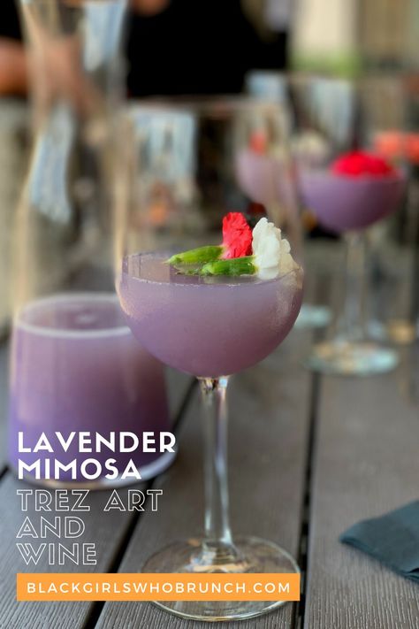 Lavender Mimosa - Trez Art and Wine Bar Houston Purple Mimosa Drink, Lavender Mimosa Recipe, Purple Brunch Decor, Lavender Brunch, Lavender Drinks, Lavender Mimosa, Aries Szn, Mimosa Party, Houston Brunch