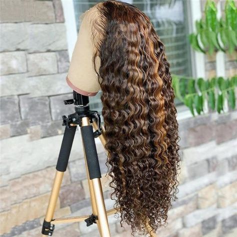 NHA 13X4 Curly Brown Highlight Lace Front Wig Deep Wave Curly Wig, Colorful Highlights In Brown Hair, Curly Color, Curly Lace Frontal, Brazilian Deep Wave, Hair Care Oil, Brown Balayage, Curly Human Hair Wig, Curly Lace Front Wigs