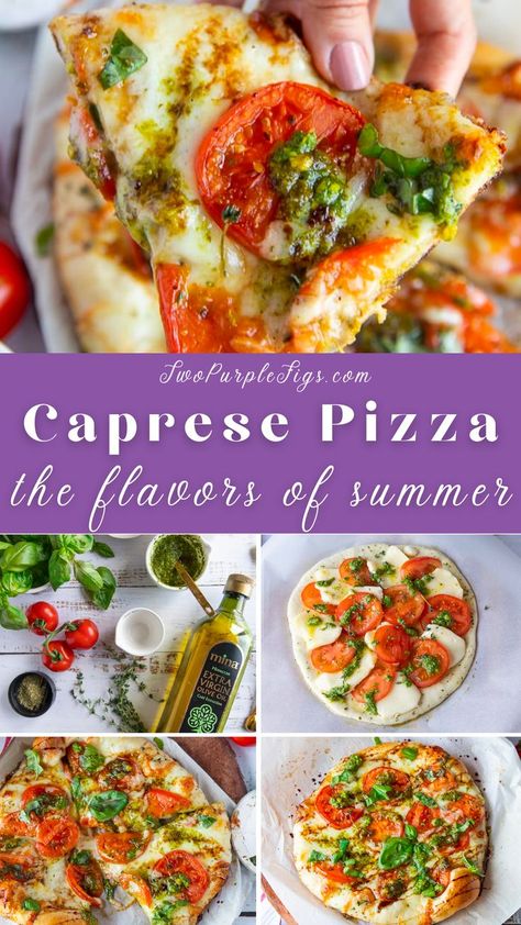 Caprese Pizza on 5 photos with cheese and tomatoes Fresh Mozzarella Pizza, Caprese Pizza, Homemade Pizza Recipe, Balsamic Drizzle, Basil Pizza, Mozzarella Pizza, Pizza Recipes Homemade, Flatbread Pizza, Pizza Recipes Dough