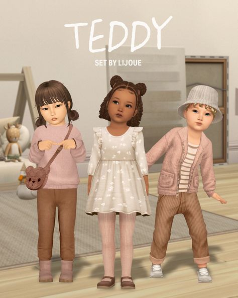 Teddy Toddler Set — Preview | LIJOUE Sims Infant Cc Clothes, Sims Child Cc, Toddler Cc Sims 4, Sims 4 Toddler Clothes, Teddy Sweater, Sims Baby, Sims 4 Cas Mods, Sims 4 Family, Sims 4 Cc Kids Clothing